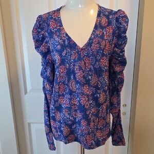 LOFT Blue and Red Floral Blouse